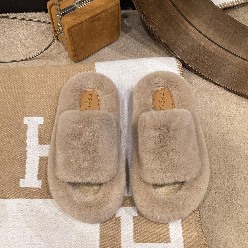 2024 autumn and winter new fluffy slippers women wear large size thick bottom plush office home versatile cotton slippers women