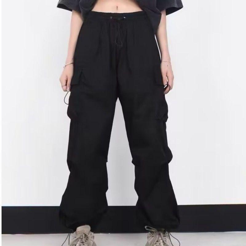 Women High Waist Cargo Pants Elastic Drawstring Wide Leg Trousers Streetwear Loose Casual Jogger Pants with Pockets