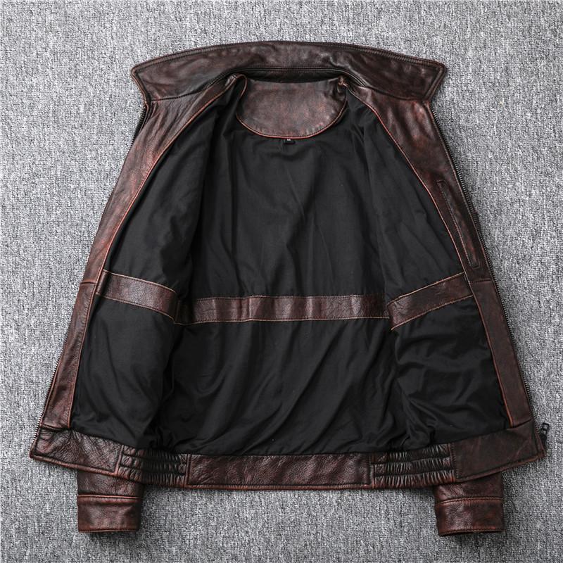 Jaqueta de couro de vaca com camada de terno de voo desgastado, jaqueta retrô de motocicleta masculina