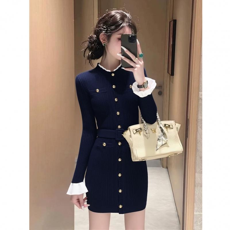 French Style Navy Blue Knit Dress for Autumn & Winter XL