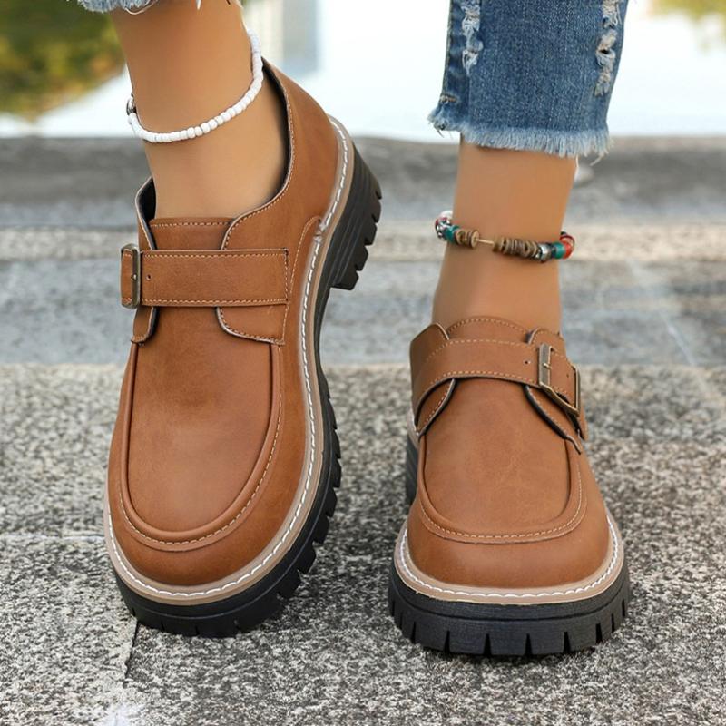 Women's Loafers  Spring Autumn New Round Head Women's Leather Shoes Coarse Heel Metal Square Buckle Comfortable Women Shoes