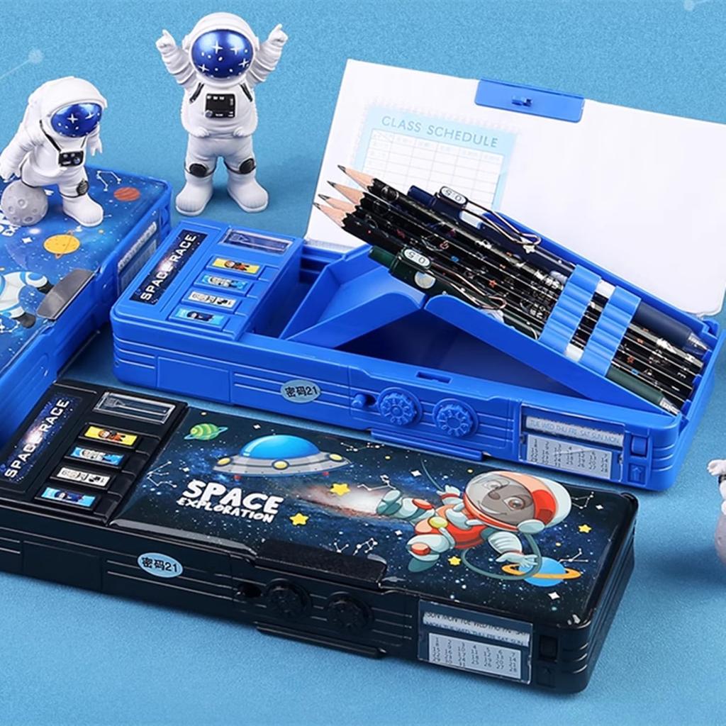 Trousse Multifuncțională Pop-Up pentru Copii, Costum de Astronaut, Cutie pentru Pixuri, Geantă cu Ascuțitoare, Lacăt cu Parolă, Agendă, Tablă Albă (albastru)