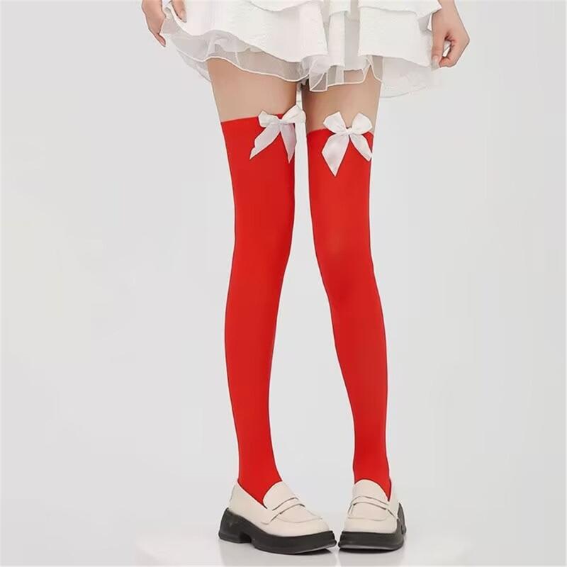 Christmas Thigh High Stockings Over the Knee Socks Halloween Cosplay Costumes for Womens Red Thigh High Socks with Bows