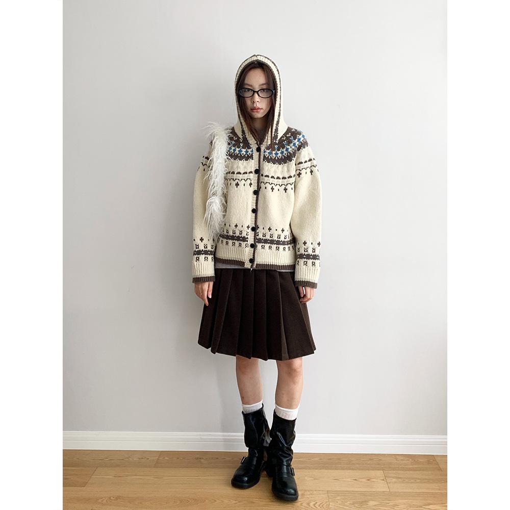 Dorothy Fair Isle Retro Pletený kardigan s kapucí - Dámský zesílený svetr ke všemu