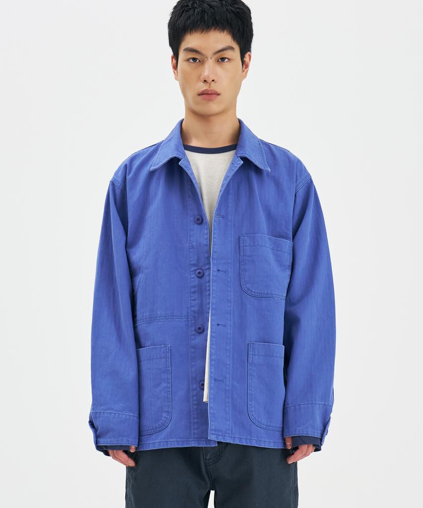 BASEMOMENT Herringbone Washed French Work Jacket Vintage Blue