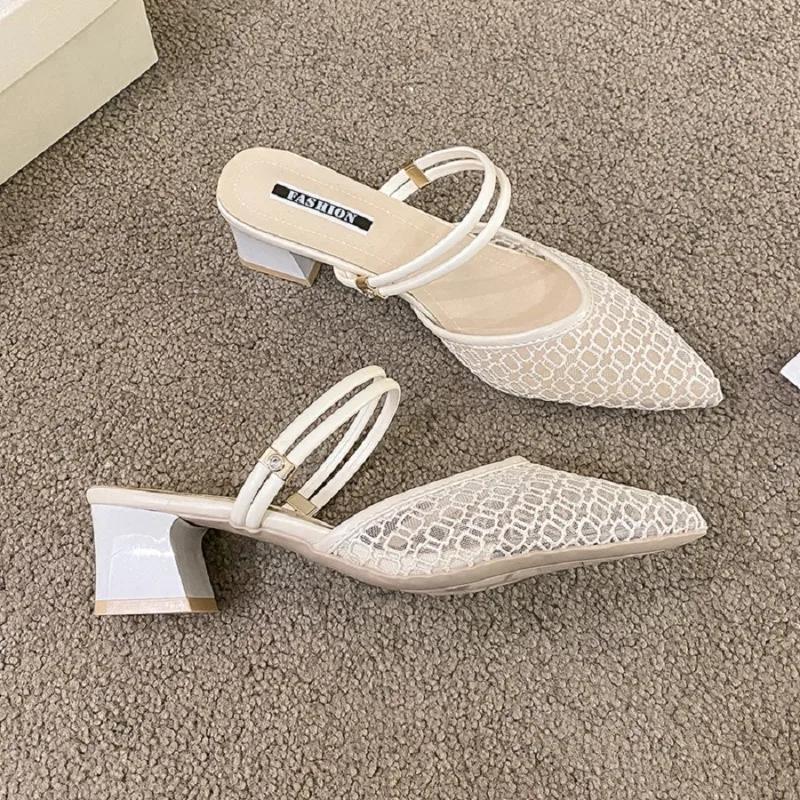 2026 New Sandals for Women Large Size Mid Heels Mesh Breathable Slippers Sexy Pointed Toe Versatile Outwear Solid Color Shoes