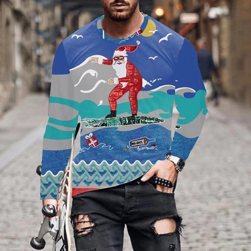 Herren T-Shirts Weihnachten Herren Neu Rundhals Langarm Street Fashion 3D Gedrucktes Herren T-Shirt