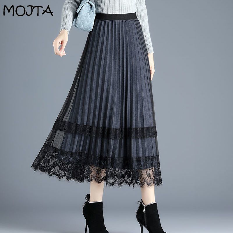 Spring Summer Women's Midi Mesh Lace Pleated Skirt Female Skirt High Waist Solid Slim Mid-length A-line Pleated Skirt