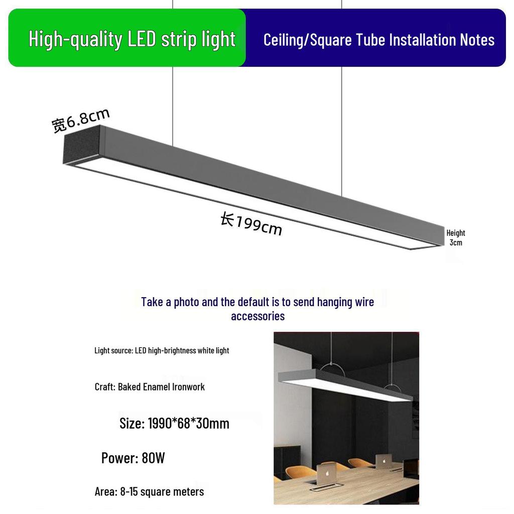 LED Square Tube Pendant Light for Office, Supermarket, Barber Shop