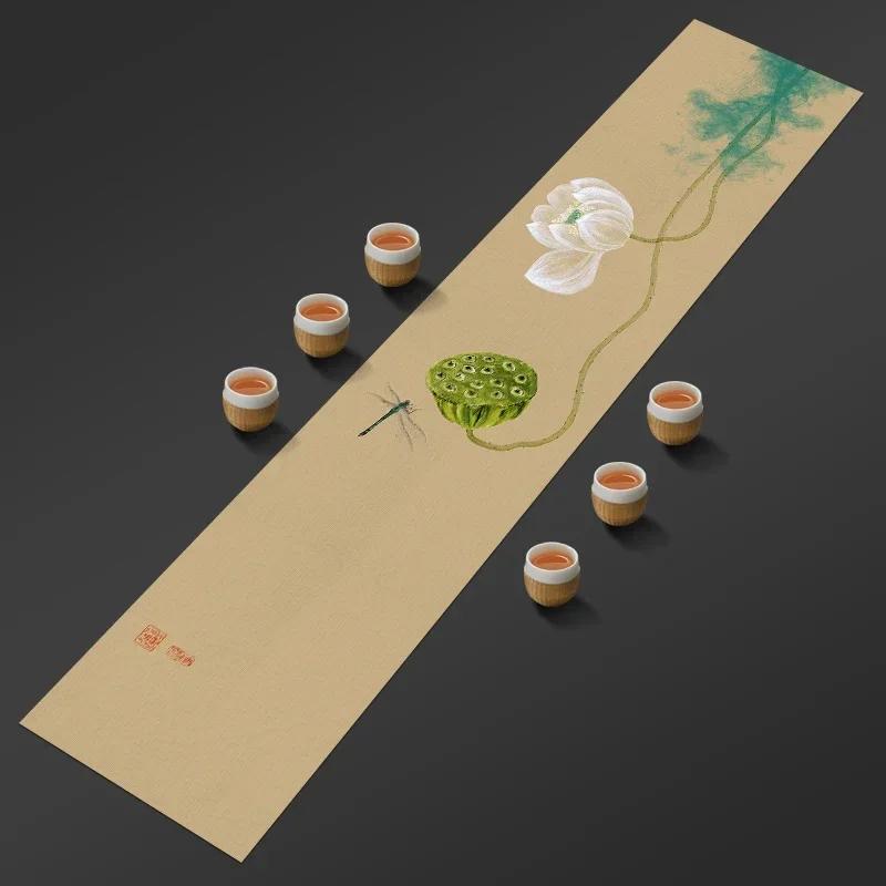 Chinese Lotus Pattern Table Runner Water-Repellent Coffee Table Cloth Decorative Cotton Linen Tea Mat Tea Ceremony Accessories