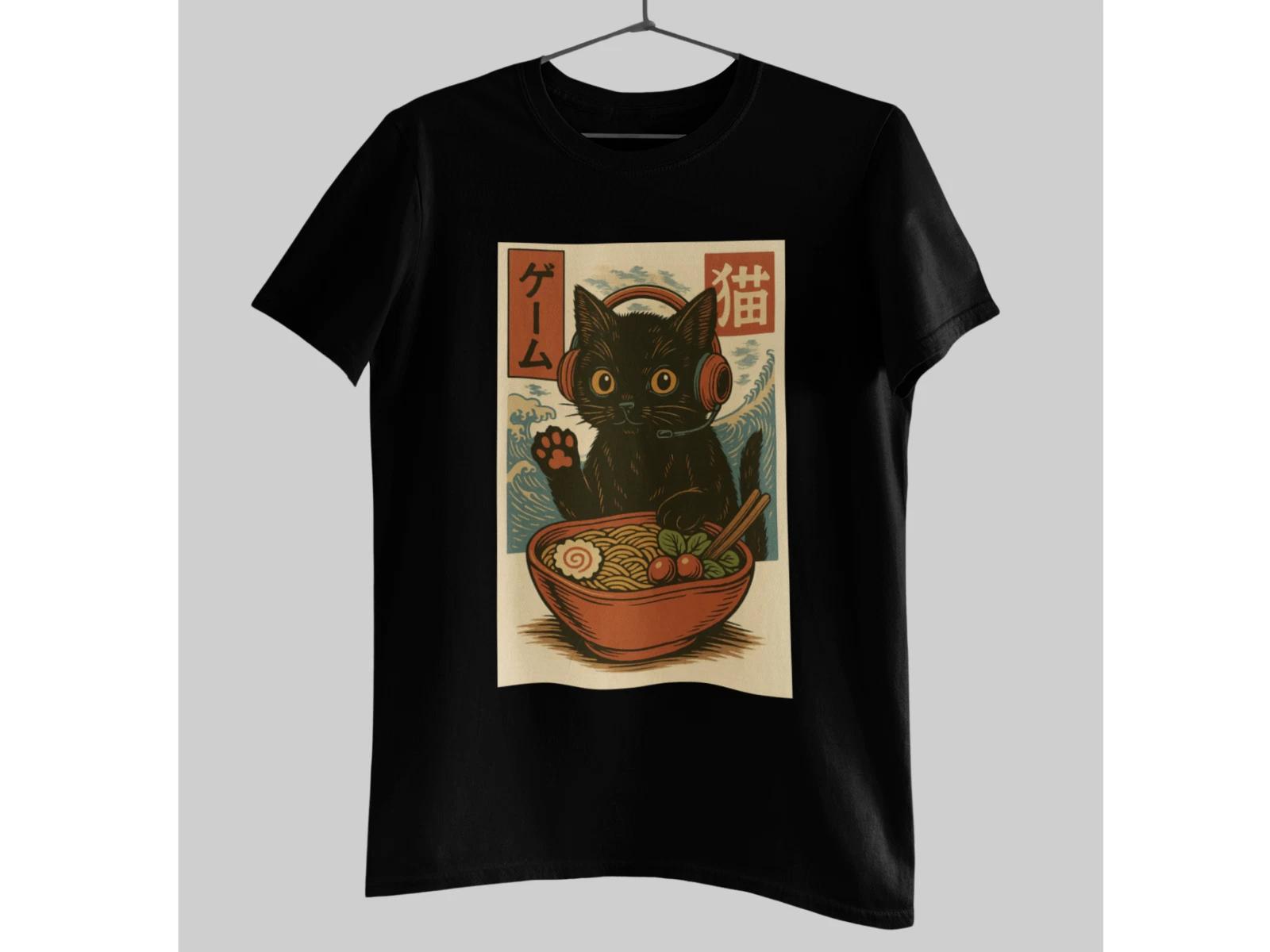 Cute Ramen Cat T-Shirt Japanese Anime Kitty Tee Retro Noodle Bowl Graphic Art S