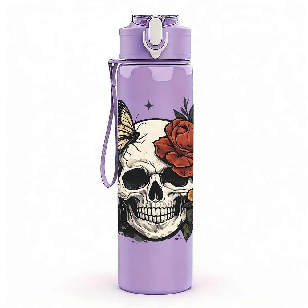 1PC Skull With Red Rose Floral Tattoo Print 750ml Color Plastic Sports Water Bottle Leakproof Flip Straw Lid Suitable for Sports Office Home Use