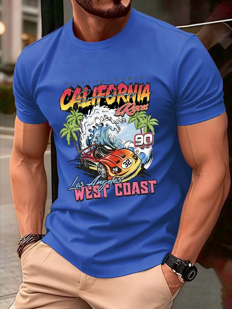 California West Coast Print Mens T Shirts Hip Hop AllMatch Tops Casual Cotton Vintage Clothes Male Loose Crewneck Streetwear