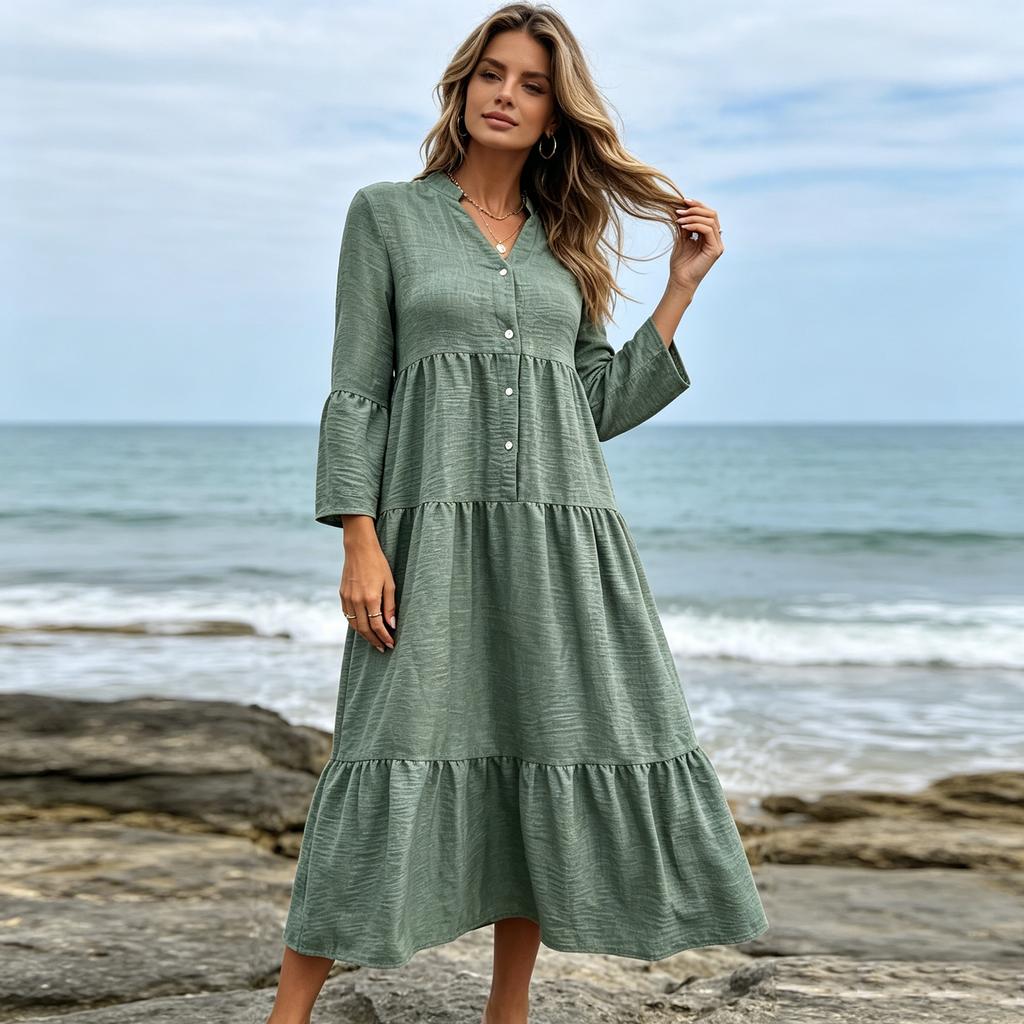 Women V Neck Button Down Maxi Dress Long Sleeve Tiered Panel A Line Casual Loose Fit Flowy Dress Elegant Solid Design