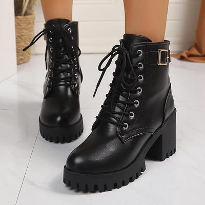Fashion Women Lace-up Black Ankle Boots Women Autumn Fashion Buckle Strap Platform Short Boots Woman Thick Plush Pu Leather Botas Mujer
