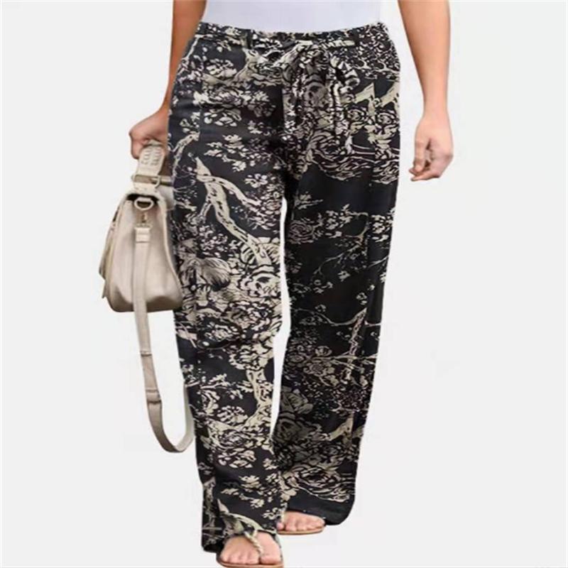 Bumbac Imprimat și In Casual Confortabil Talie Elastică Pantaloni Lungi cu Picior Larg pentru Femei