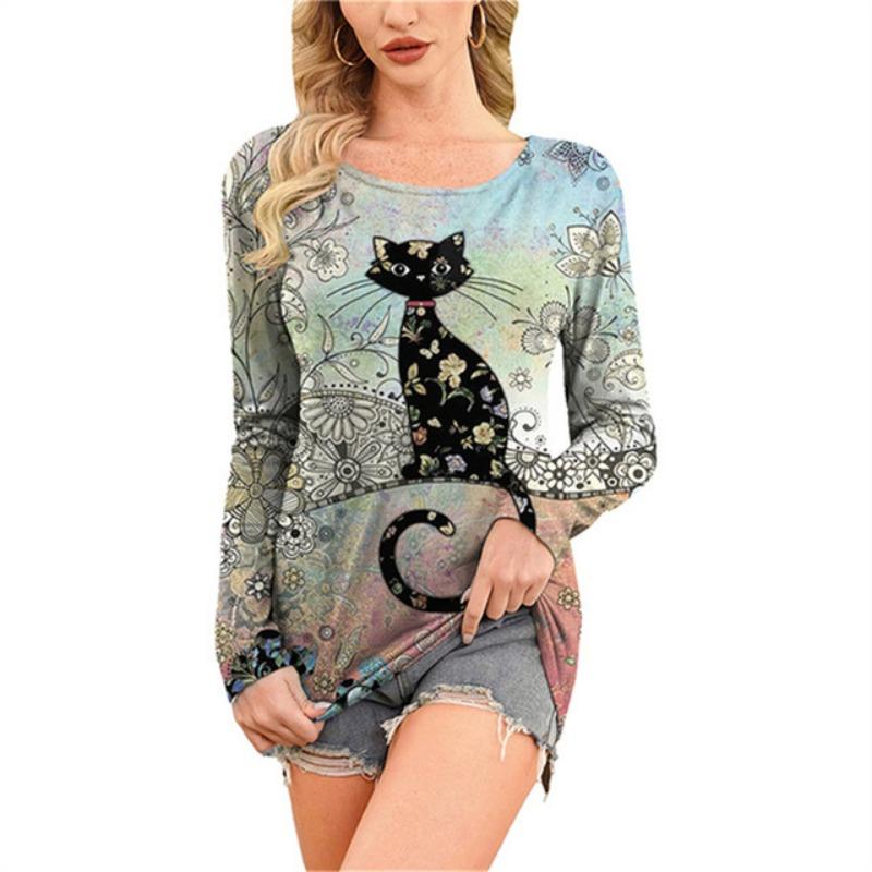 Модная удобная универсальная женская футболка с принтом мультяшного кота с круглым вырезом — фото 11