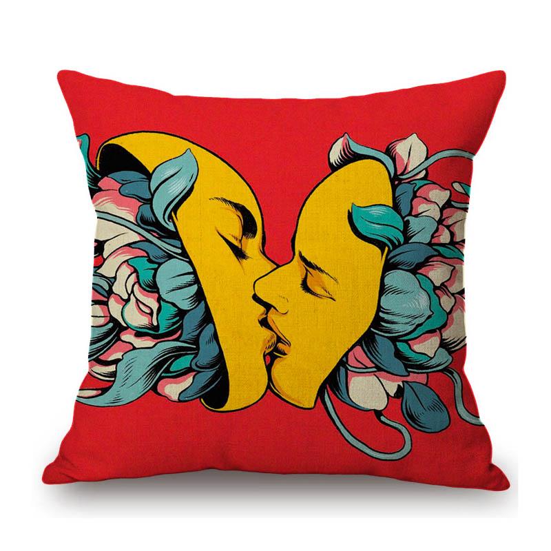 Surrealism Portrait Funky Cartoon Art Kiss Unique Illustration Cotton Linen Sofa Bench Throw Pillow Case Home Cushion Cover