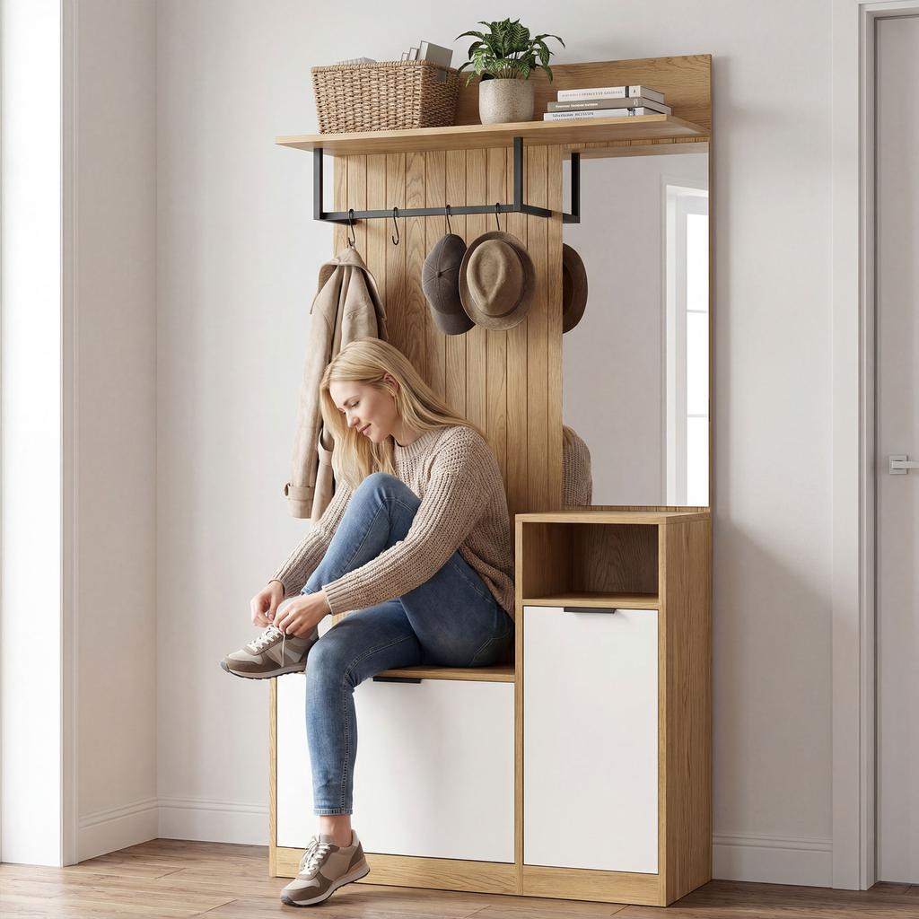 6-in-1 Entryway Coat Rack with Fold-Down Shoe Bench and Mirror, 80x36x168cm, Oak