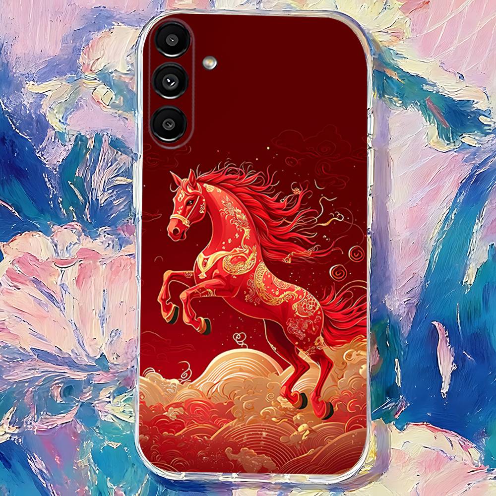 Chinese-Style Red Horse Phone Case For Samsung S24,S25,S30,S23,S21,S22,S20,S10,5G,FE,lite,PIus,Ultra Clear Transparent Cover