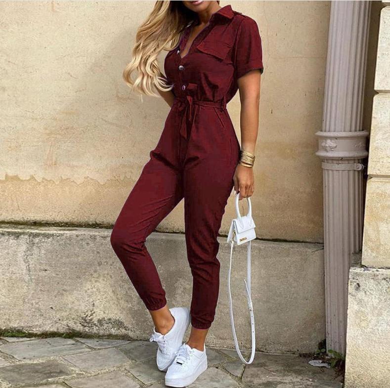 Spot 2026 spring and summer popular European and American women's clothing casual lapel printed belt tooling jumpsuit