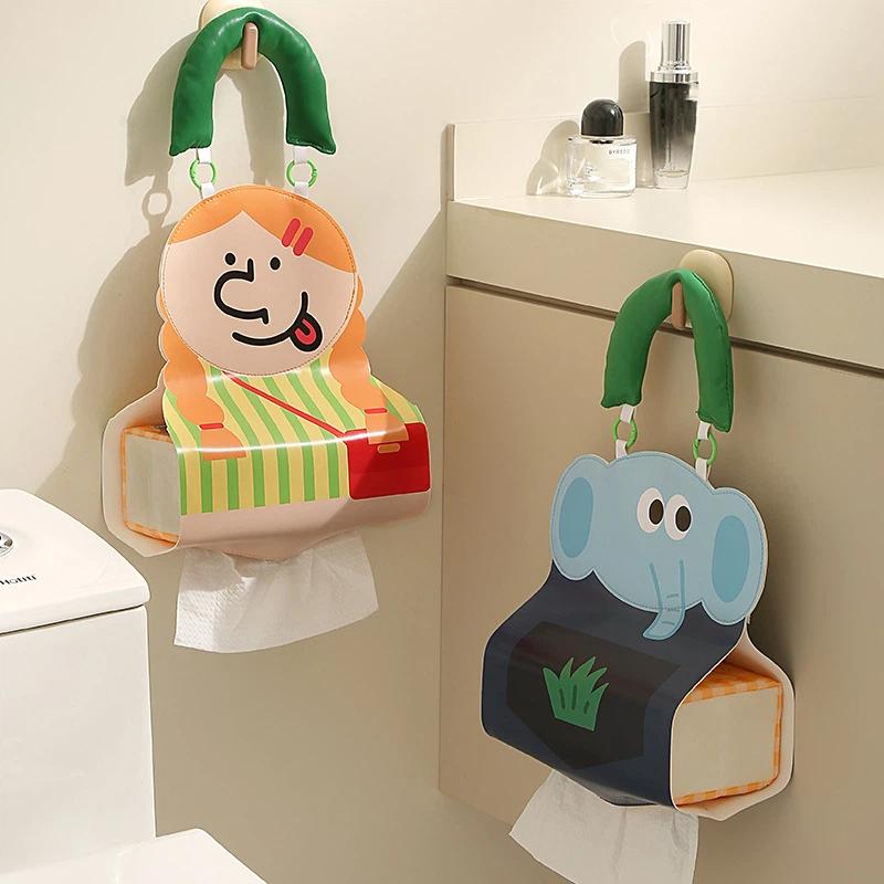 Cute Cartoon Monkey Car Tissue Holder PU Leather Hanging Tissue Box for Girls Auto Napkin Organizer