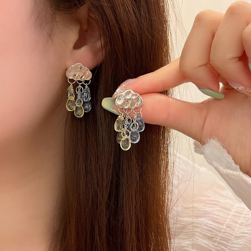 Color Cloud Water Drop Tassel Earrings Summer New Fashion Crystal Raindrop Cloud Shaped Earrings For Women Party Jewelry
