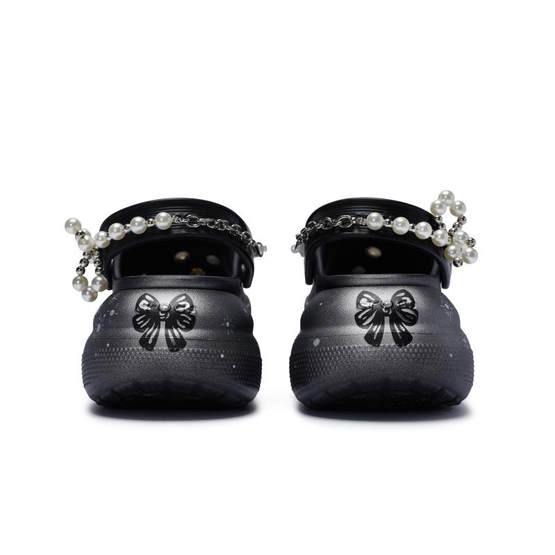 Crocs Classic Crush 811 Made In the Secret Moon Bow Pearl Chain Hole Shoes Unisex Black and White