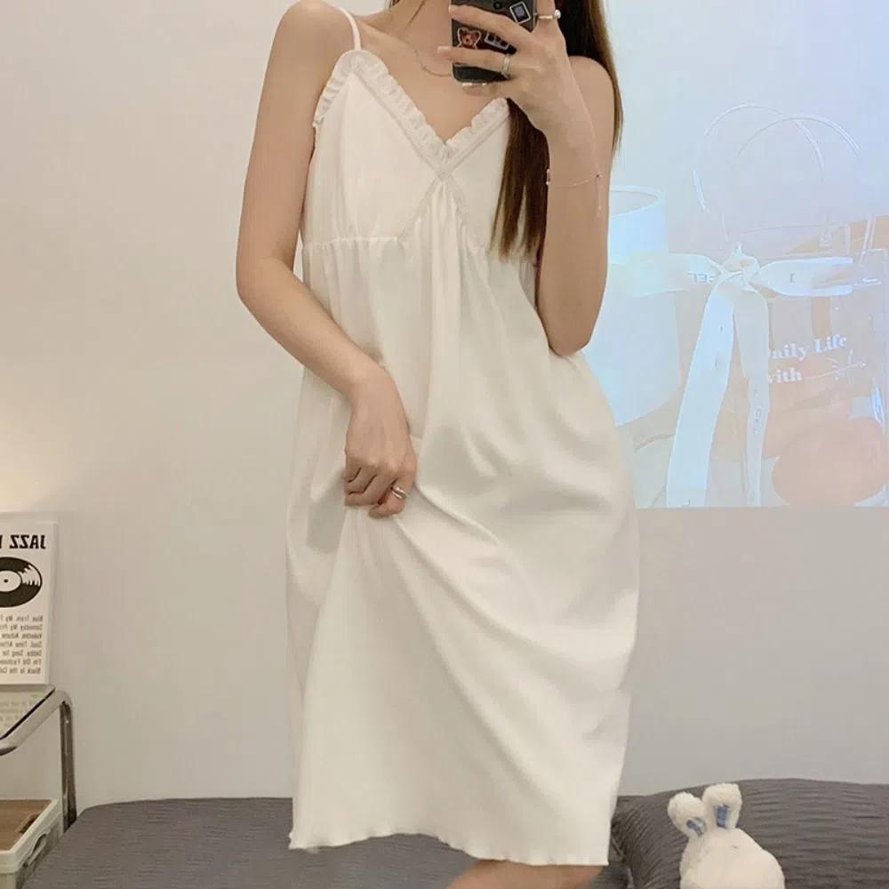 Sleeveless Women's Pajama Dress Ruffle Sling Nightgown Fashion Suspender Nightdress  Summer