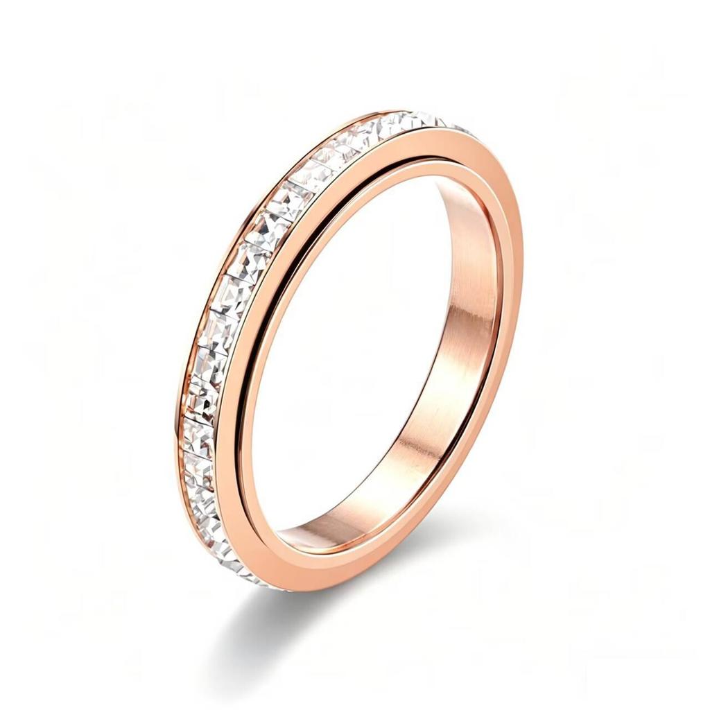 Light luxury temperament rotatable single row full diamond titanium steel ring women's 18k non-fading zircon gypsy couple ring