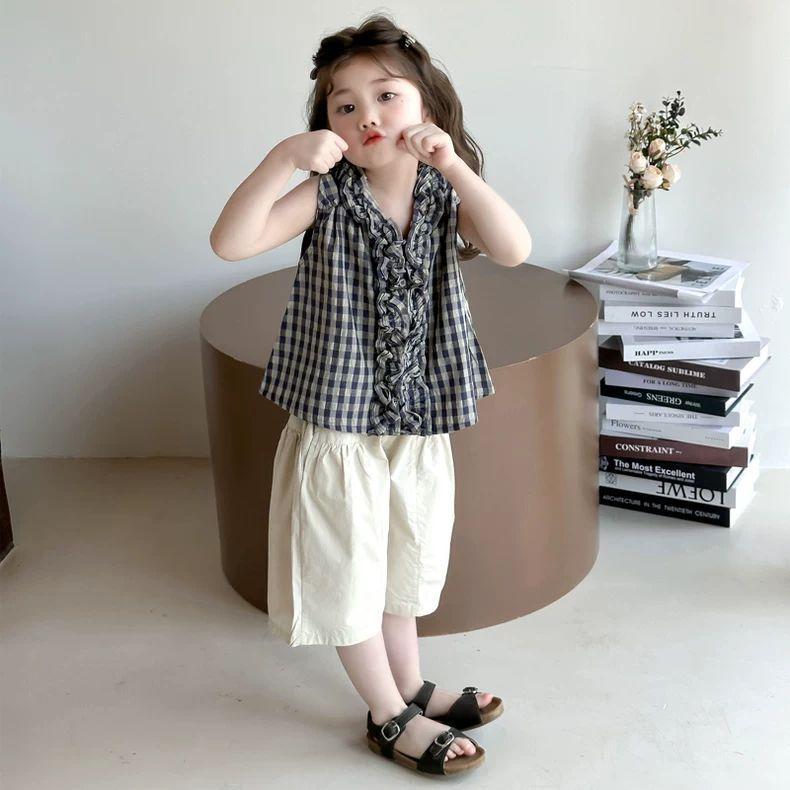 Girl's Sleeveless Wide Leg Pants Set Summer Fashion Versatile Checkered Casual Set for Girls