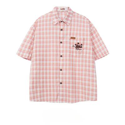 Women's Embroidered Checker Short Sleeve Shirt New Loose Versatile Lapel Top Youthful College Style Clothing with Pocket