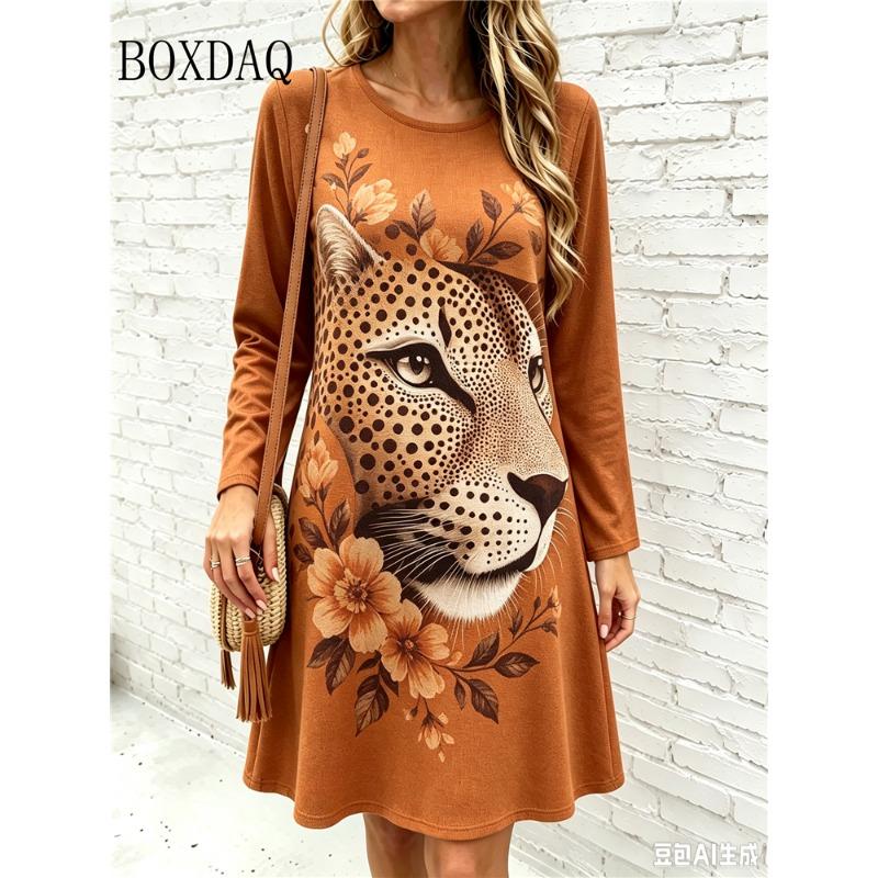 2026 Women's Fashion Dresses Women's Polka Dot Leopard Print Dress Loose Pullovers Casual Autumn Long Sleeve Home A-Line Dress