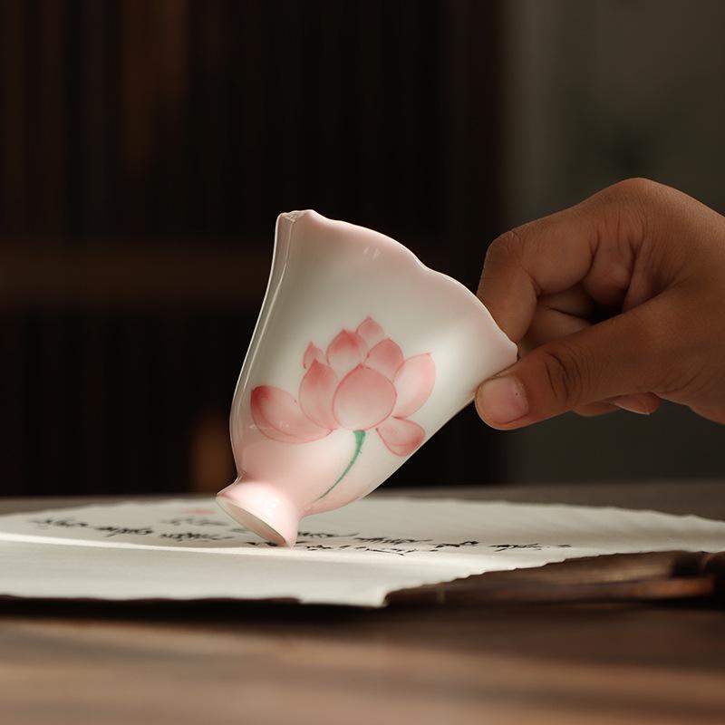 Pink Hand Painted Lotus Ceramic High Stem Tea Cup with Flared Rim Zen Design for Gongfu Tea Ceremony Floral Sipping Cup