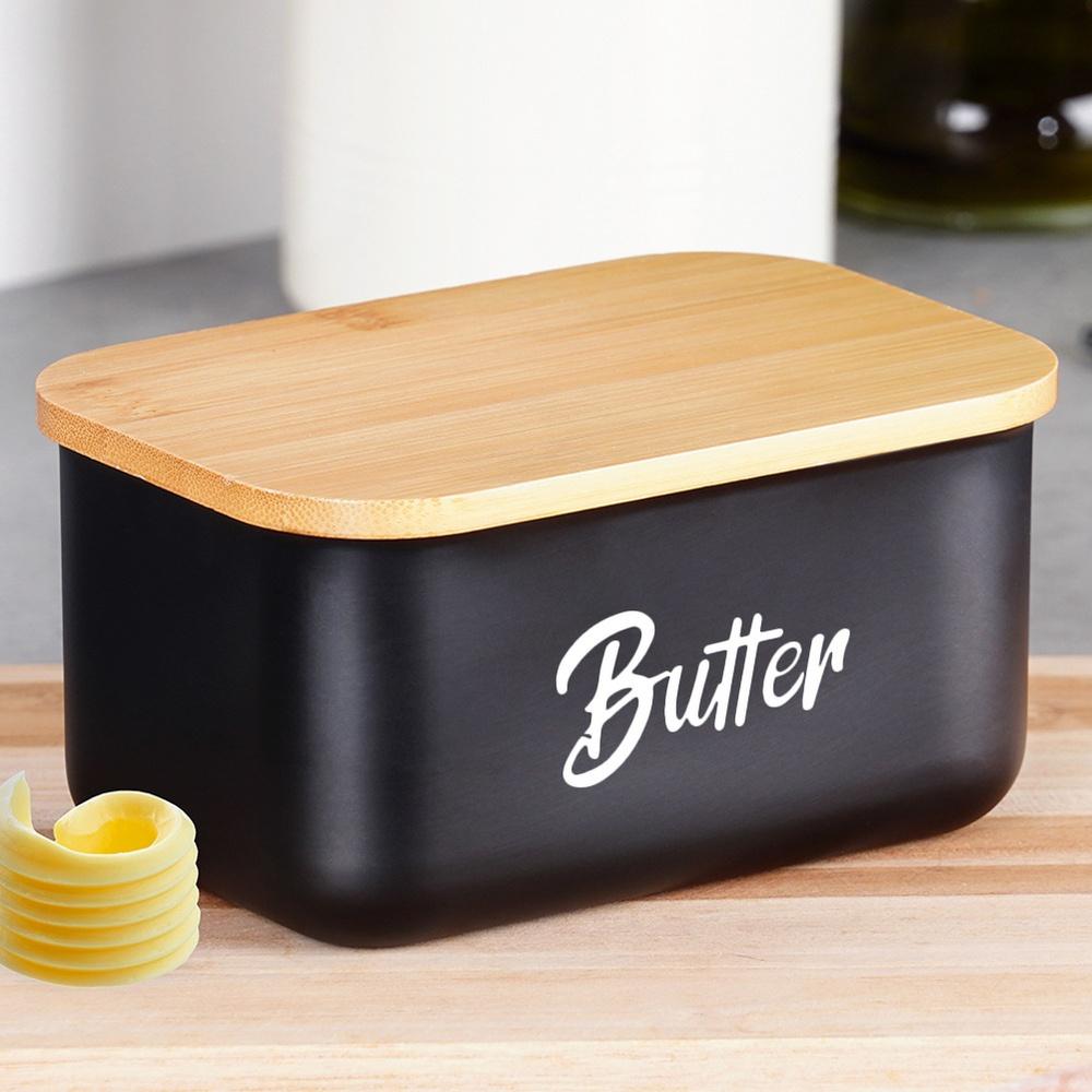 Black Steel Bamboo Butter Dish Kitchen Container for Butter