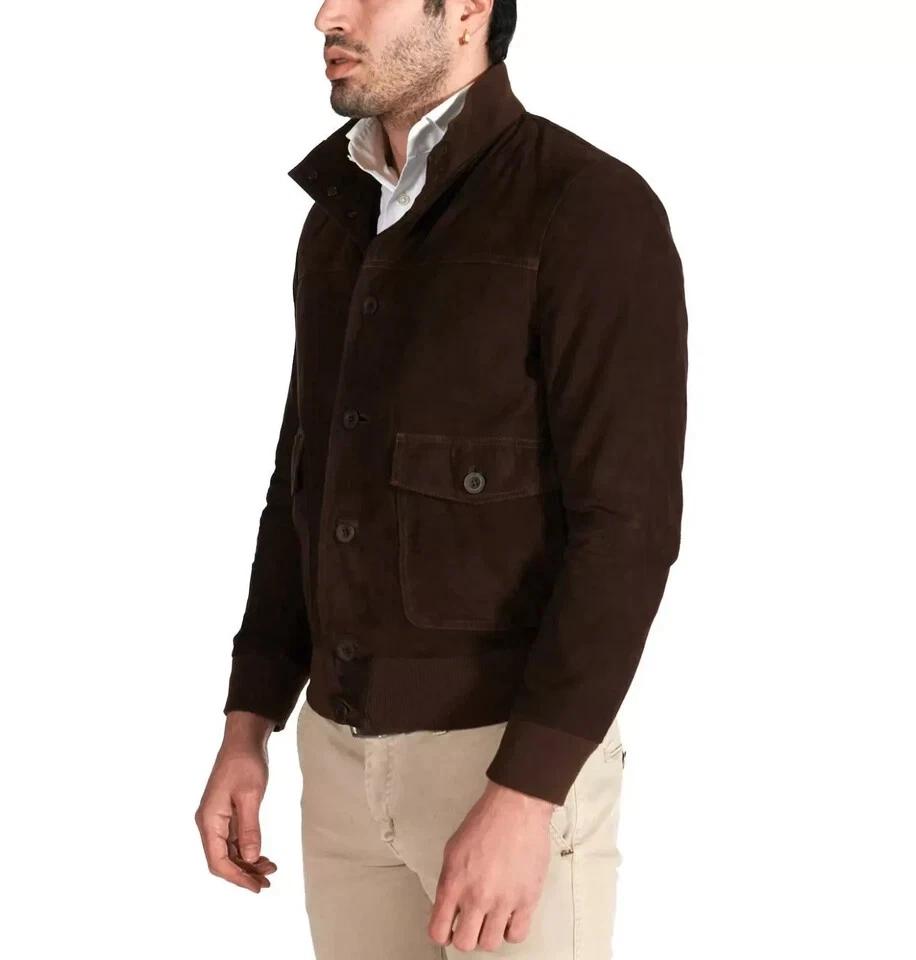 

New Men Suede Jacket Brown Bomber Leather Handmade Genuine Pure Lambskin Stylish 2XL коричневый