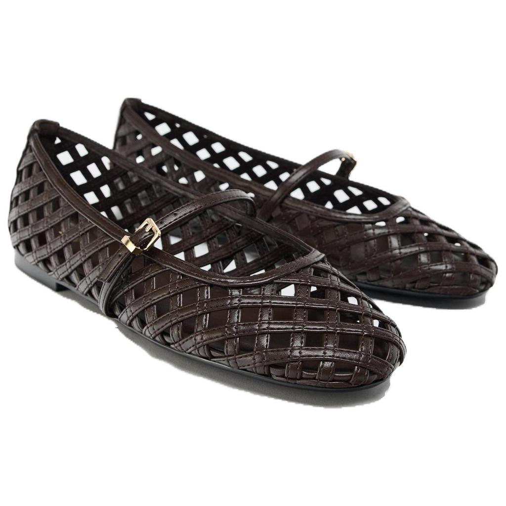 Zara Lightweight Vintage Studded Strap Leather Round-Toe Casual Shoes Women Shoes Brown 13554510700