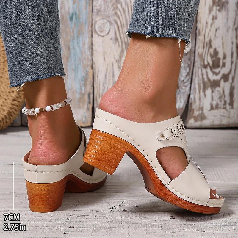 Mode Damen Komfort Sandalen mit Blockabsatz Sommer 2025 Römischer Stil PU-Leder Freizeit Hausschuhe Frau Slipper Hoher Absatz Sandalias Mujer