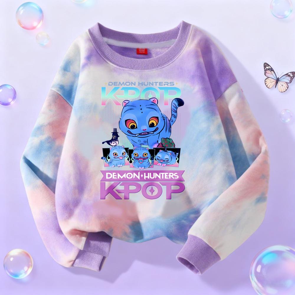 KPop Demon Hunters Long Sleeve Girls Trend Leisure Tops Anime Cartoon Spring Autumn Clothes Tie-dye Versatile Sweatshirt