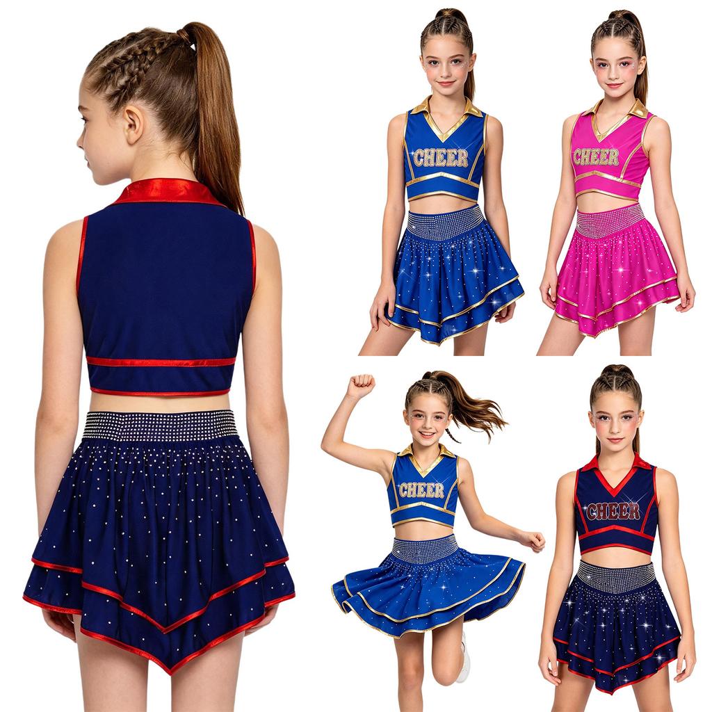 Kids Cheerleading Competition Wear V Neck Crop Top Rhinestone Trim Sleeveless with Built-in Shorts and Asymmetrical Ruffled Skirt