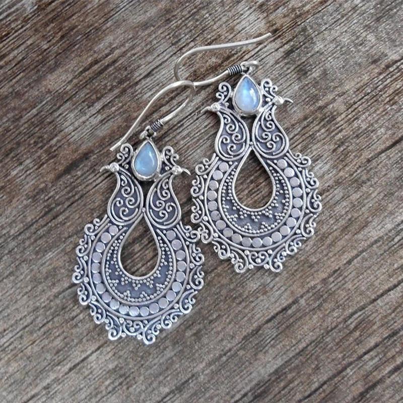 Vintage copper Color Metal Hand Carving Patterns Hook Earrings for Women Jewelry Water Droplet Inlaid Stone Dangle Earring