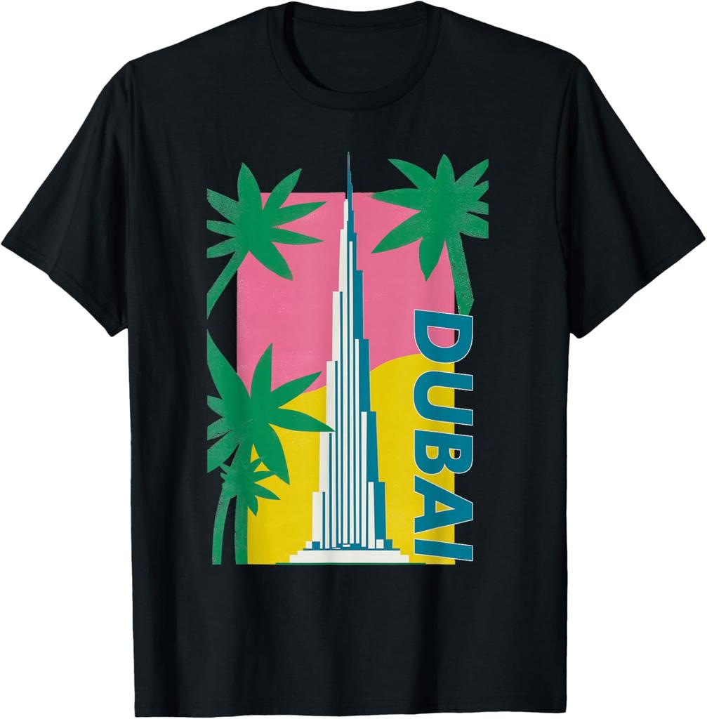 Dubai Burj Khalifa Palm Tree Retro Graphic Tee Men Casual Cotton TShirt