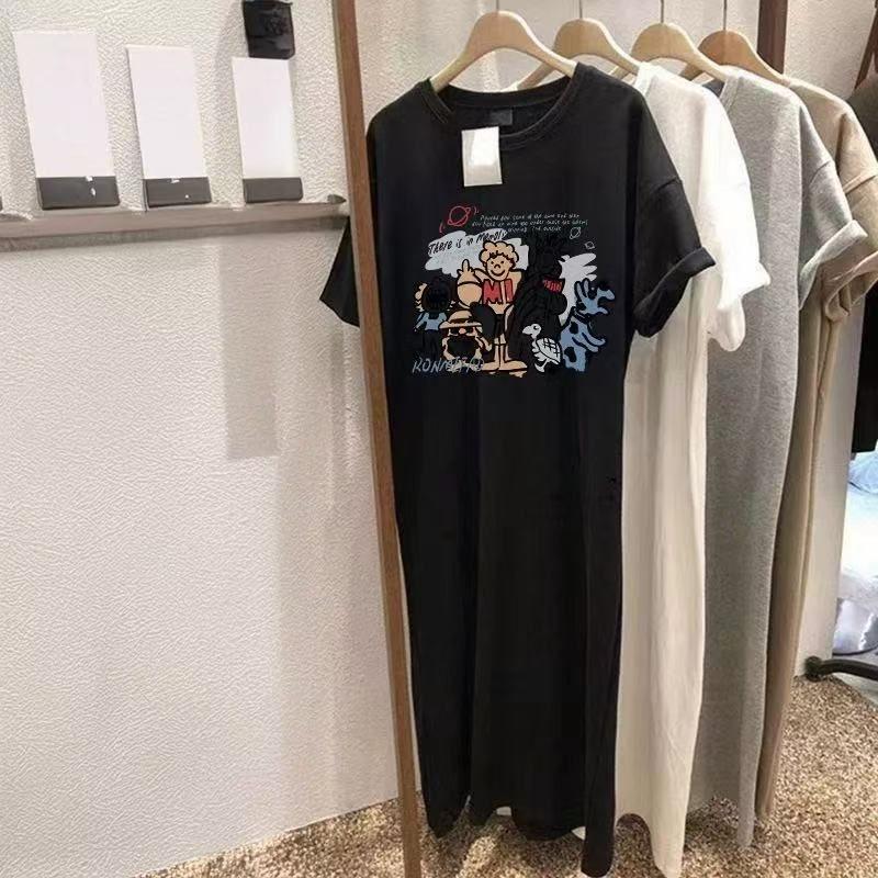 Volné dámské tričkové šaty s kulatým výstřihem a krátkým rukávem ve velké velikosti, dlouhé ležérní šaty, spací šaty ke kolenům