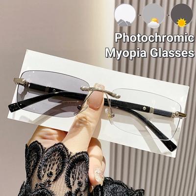 Business Photochromic Frameless Myopia Glasses For Men Cut Edge Anti Blue Light Near Sight Glasses Color Change Eyeglasses