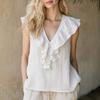 Women Sleeveless Linen Top V Neck Ruffle Trim Blouse Casual Lightweight Summer Shirt for Daily Wear