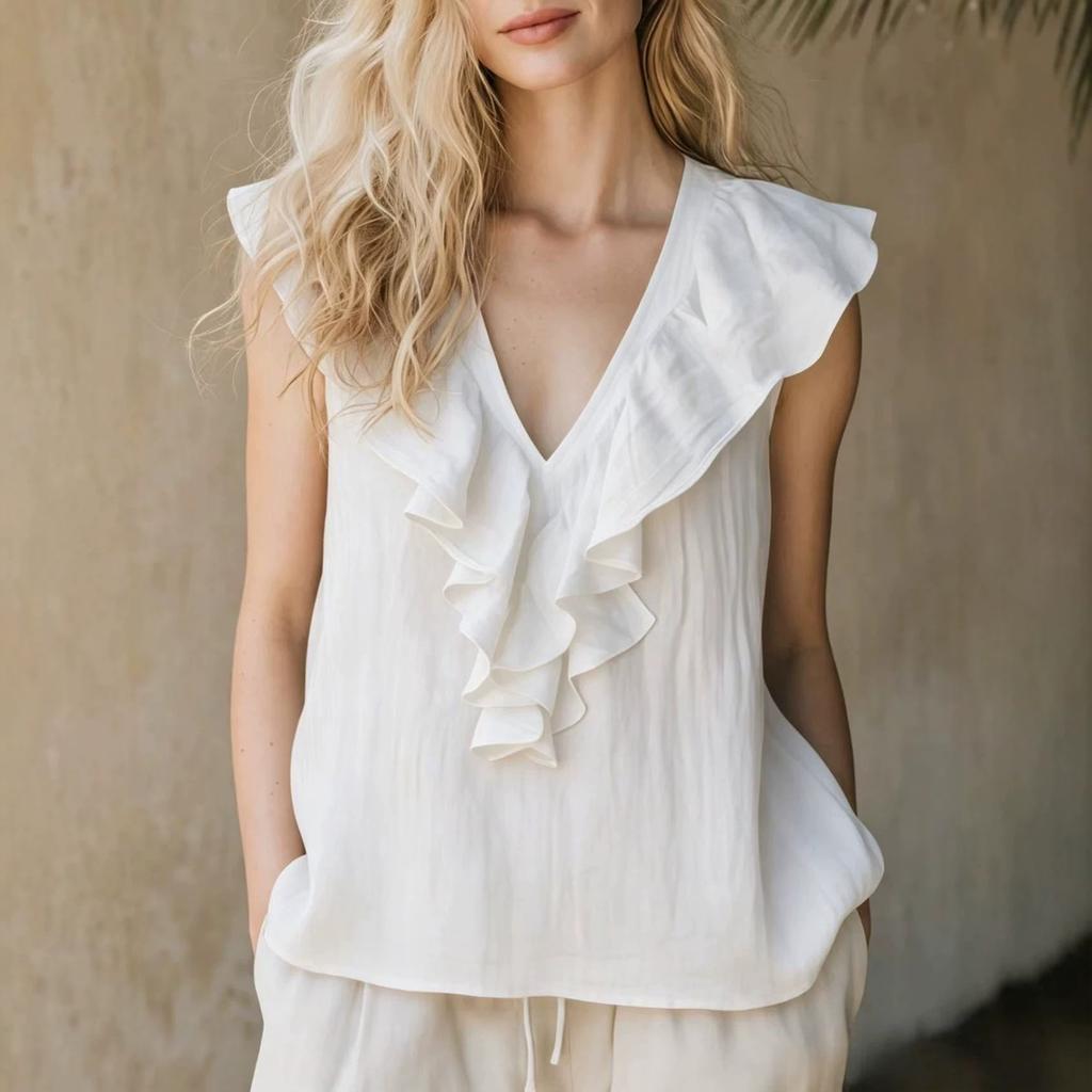 Women Sleeveless Linen Top V Neck Ruffle Trim Blouse Casual Lightweight Summer Shirt for Daily Wear