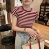 Korean front shoulder striped short-sleeved T-shirt for women's summer tight bottom with high-end retro t-shirt and thin top