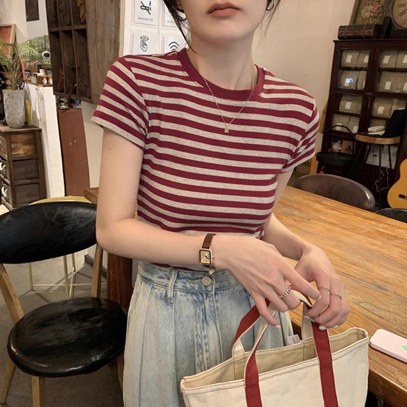 Korean front shoulder striped short-sleeved T-shirt for women's summer tight bottom with high-end retro t-shirt and thin top