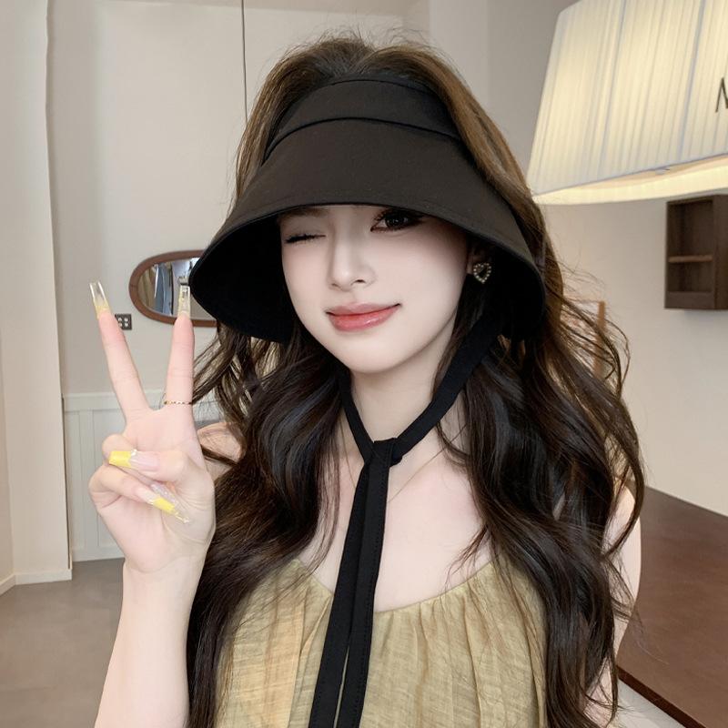 

Summer Hats For Women Sun Hat With Ribbon Empty Top Solid Cloth Wide Brim Foldable Sunscreen Sunshade Beach Hat Casual Outdoor 56-58cm чорний