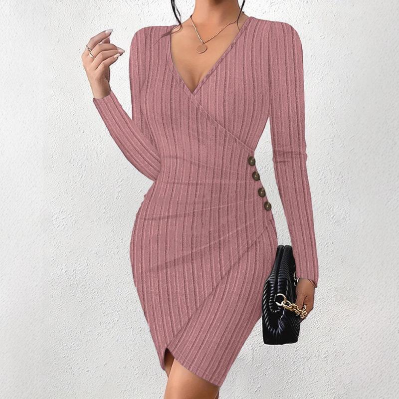 Autumn And Winter Solid Color V-Neck Tight-Fitting Hip-Wrapped Slim-Fitting Sexy Long-Sleeved Dress For Women